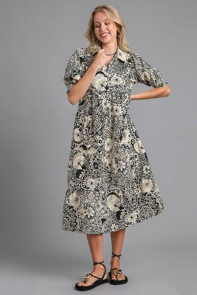 Umgee Full Size Printed Smocked Cuff Puff Sleeve Midi Dress Plus Size