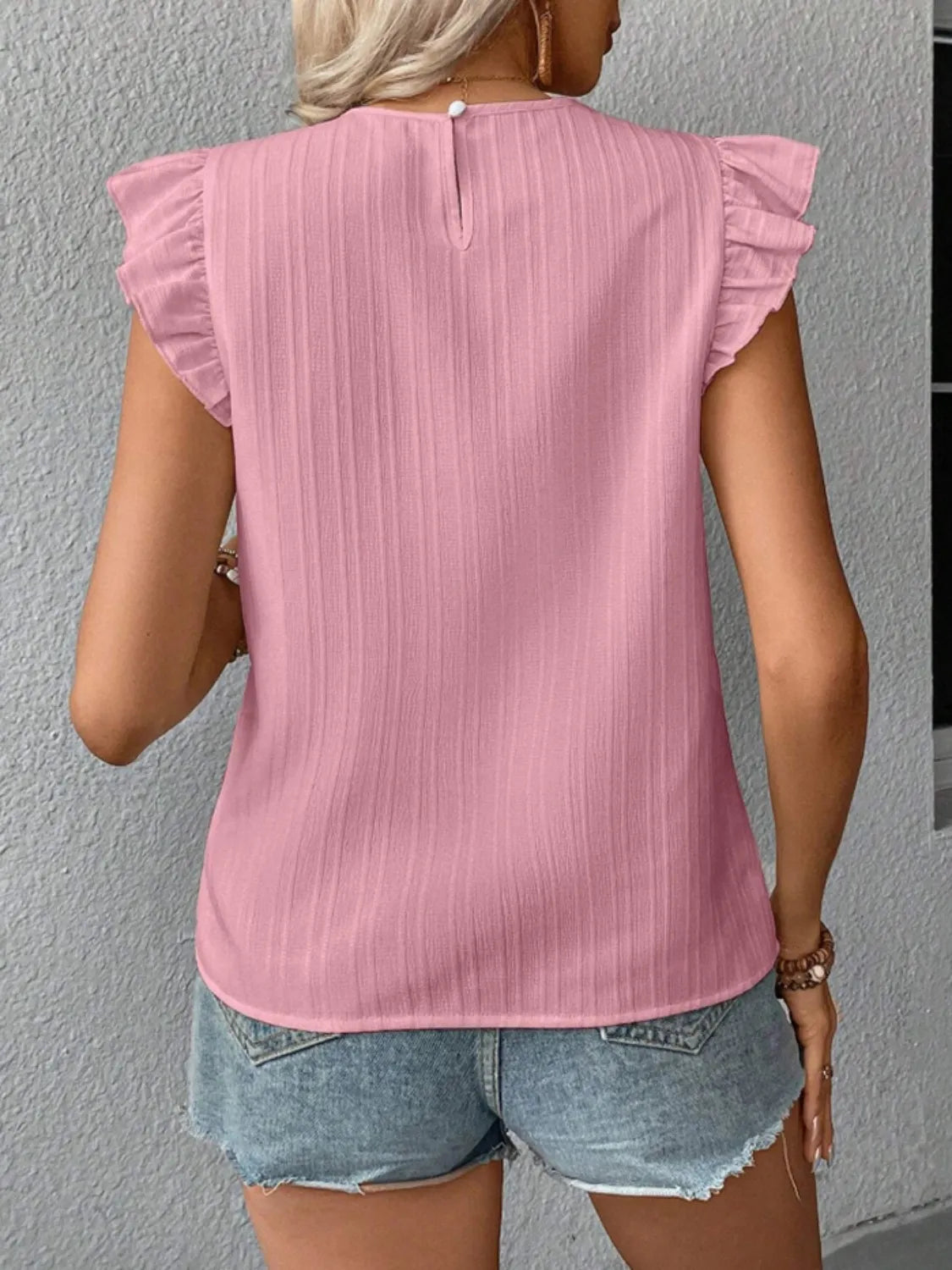 Ruffled Round Neck Cap Sleeve Blouse