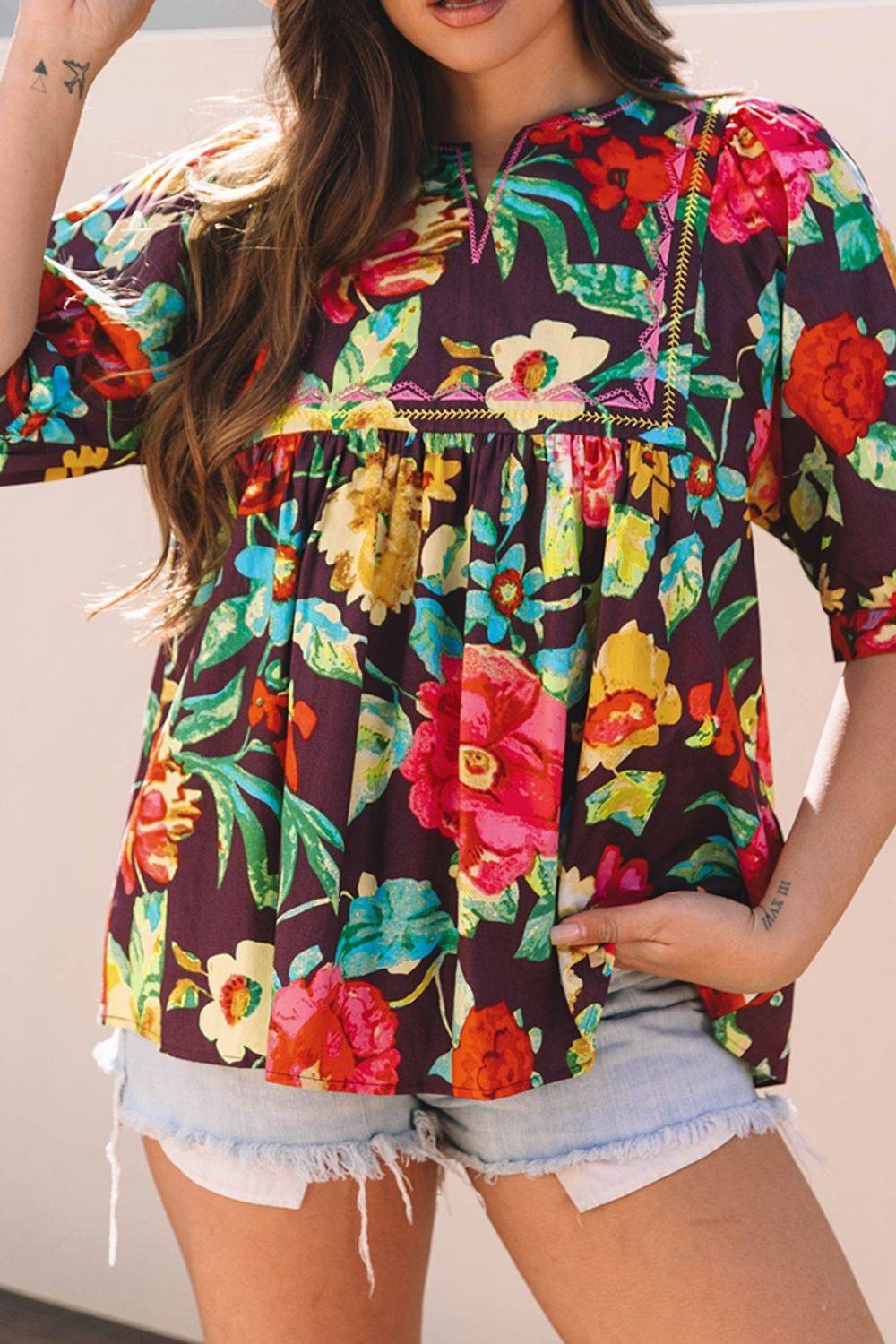 Flower Embroidered Trim Half Sleeve Blouse