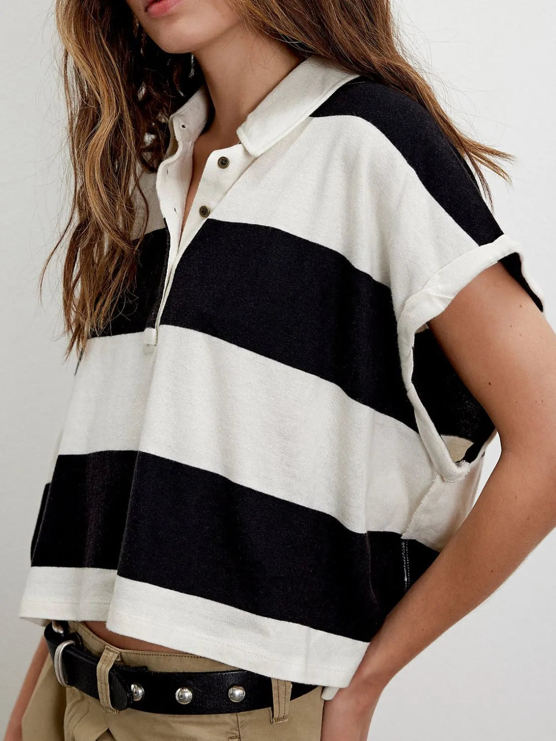 Striped Collared Neck Short Sleeve Top