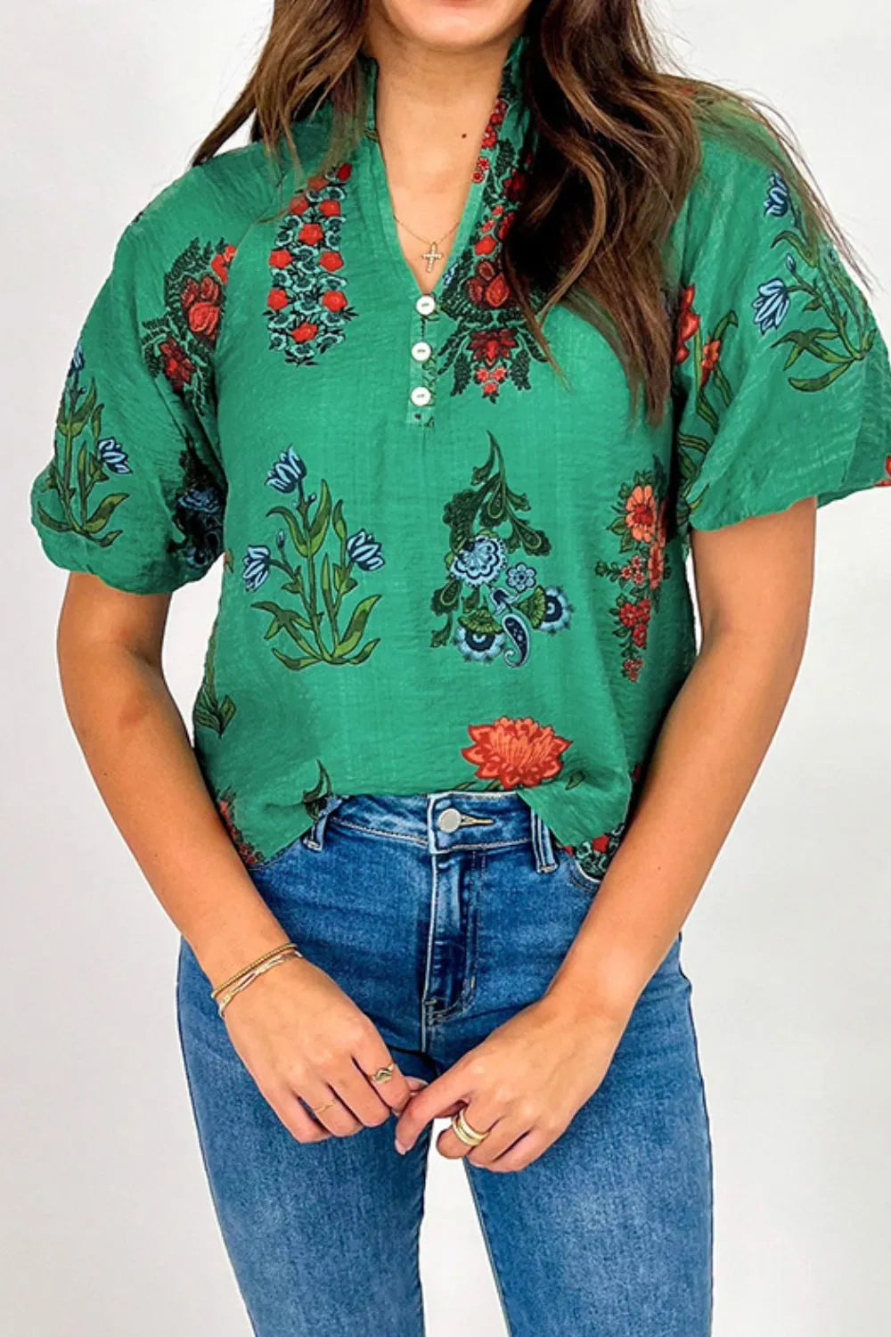 Floral Print Notched Short Sleeve Blouse - Clothes For Her Online Store
