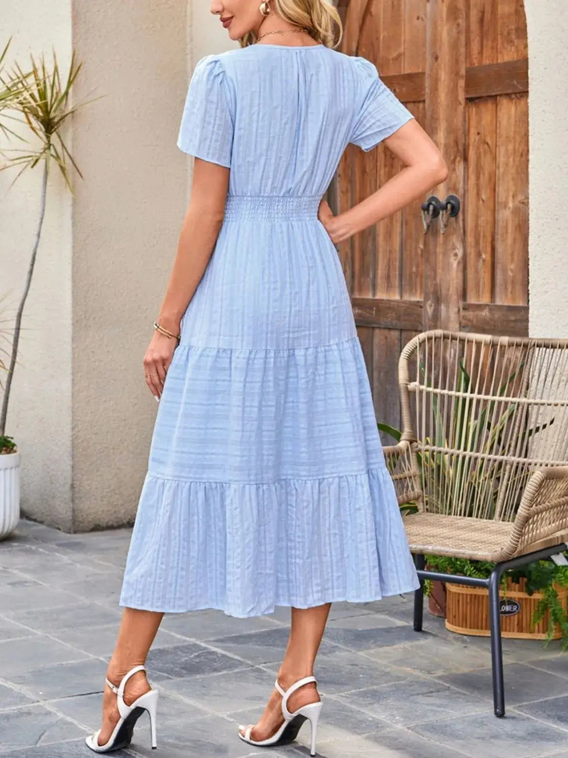 Tiered Notched Short Sleeve Dress - Clothes For Her Online Store