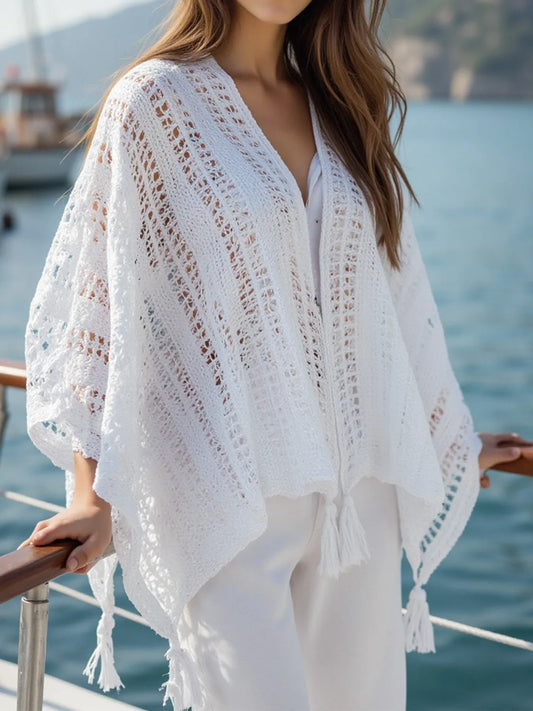 Openwork Tassel Open Front Knit Cover Up