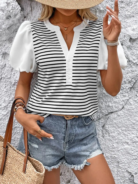 Striped Notched Short Sleeve T-Shirt - Clothes For Her Online Store