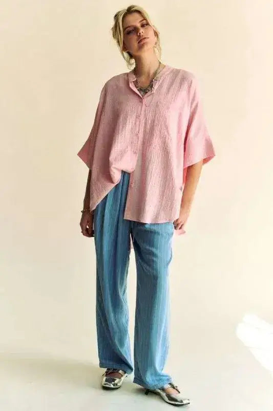 Davi & Dani Rhinestone Pleat Back Short Sleeve Loose Fit Shirt - Clothes For Her Online Store