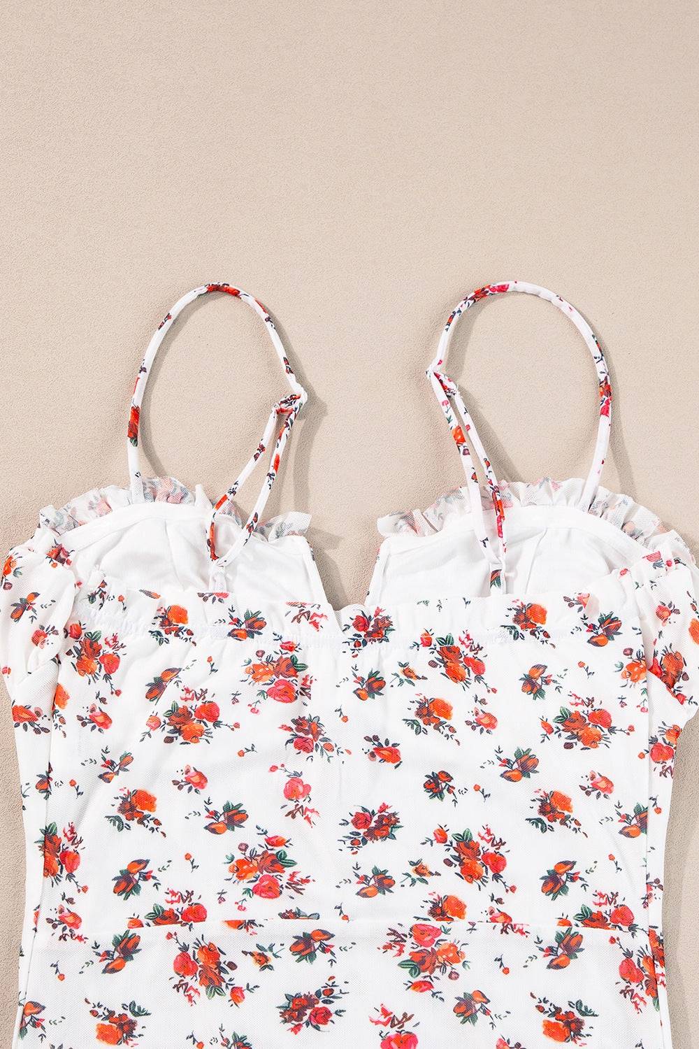 Floral Frilled Trim Spaghetti Straps Bodysuit