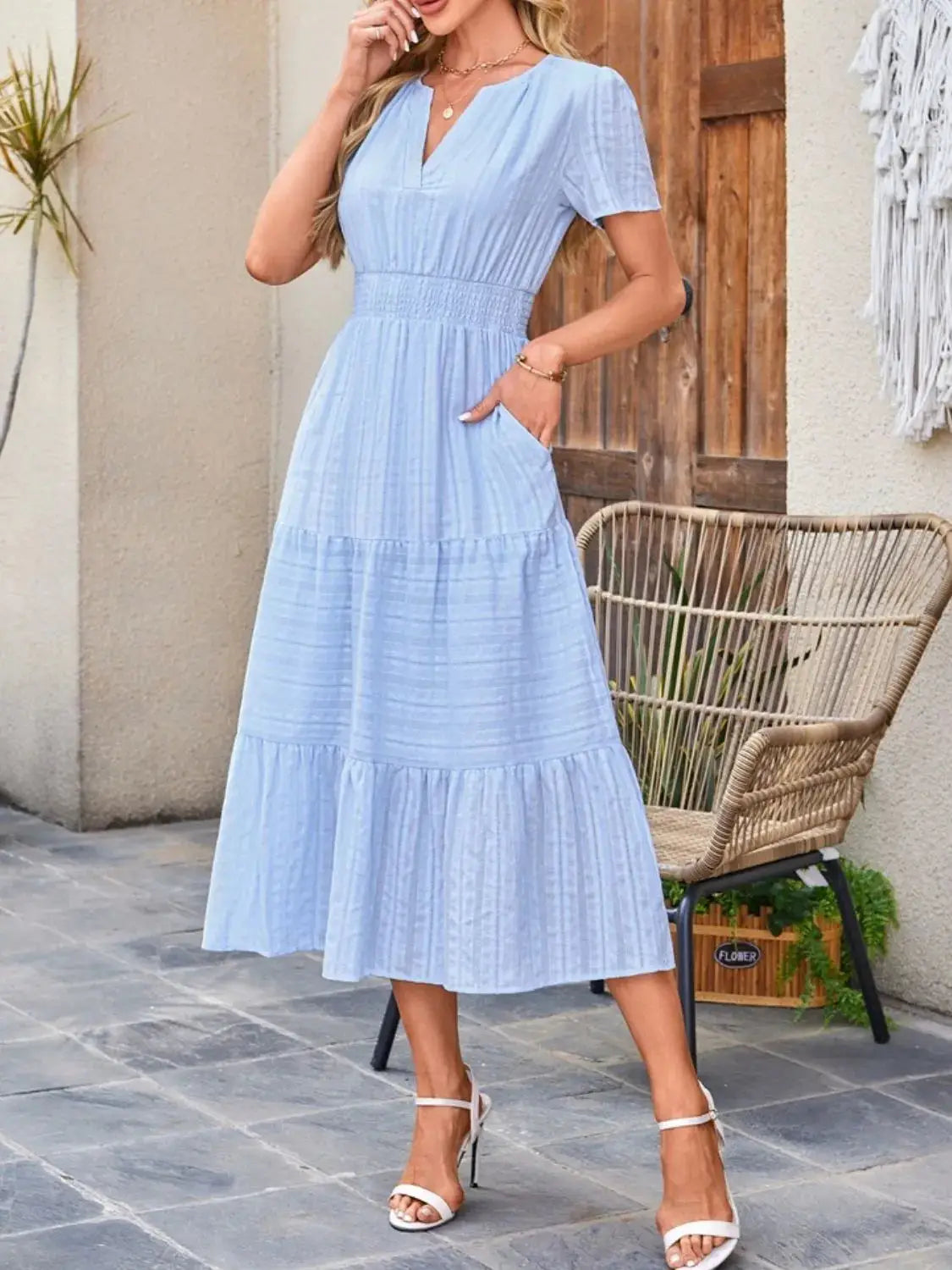 Tiered Notched Short Sleeve Dress - Clothes For Her Online Store