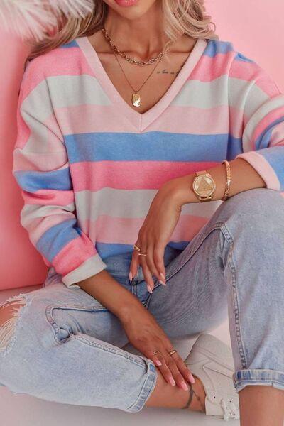 Contrast Striped V Neck Long Sleeve Top