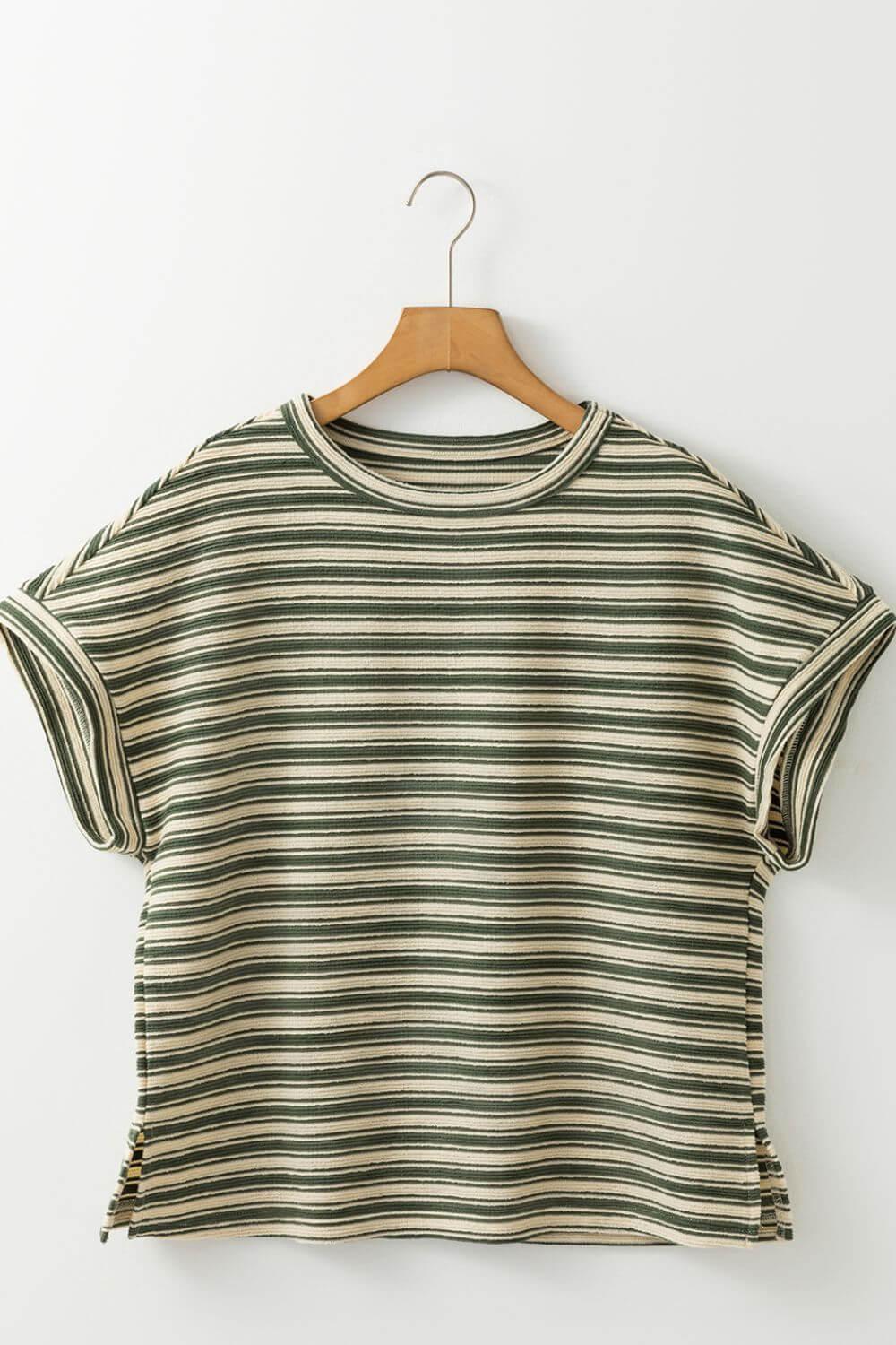 Stripe Textured Side Slit Crew Neck T-Shirt