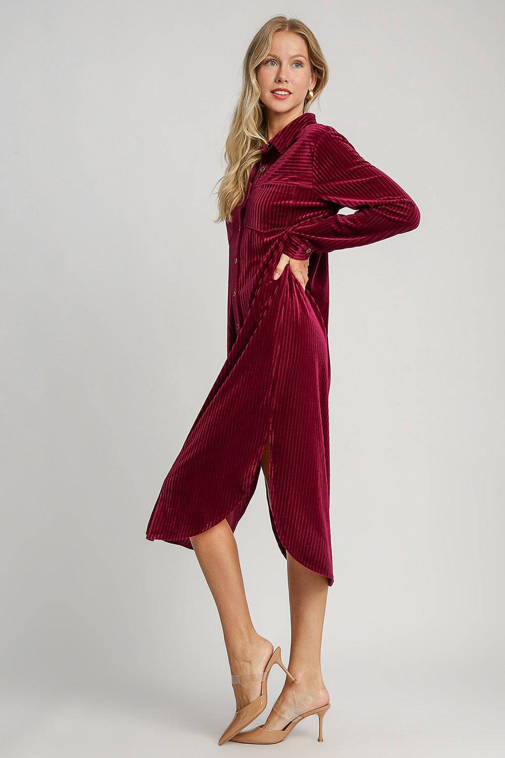 Umgee Texture Curved Hem Button Down Shirt Dress - Clothes For Her Online Store