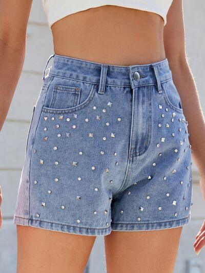 Rhinestone Washed High Waist Denim Shorts