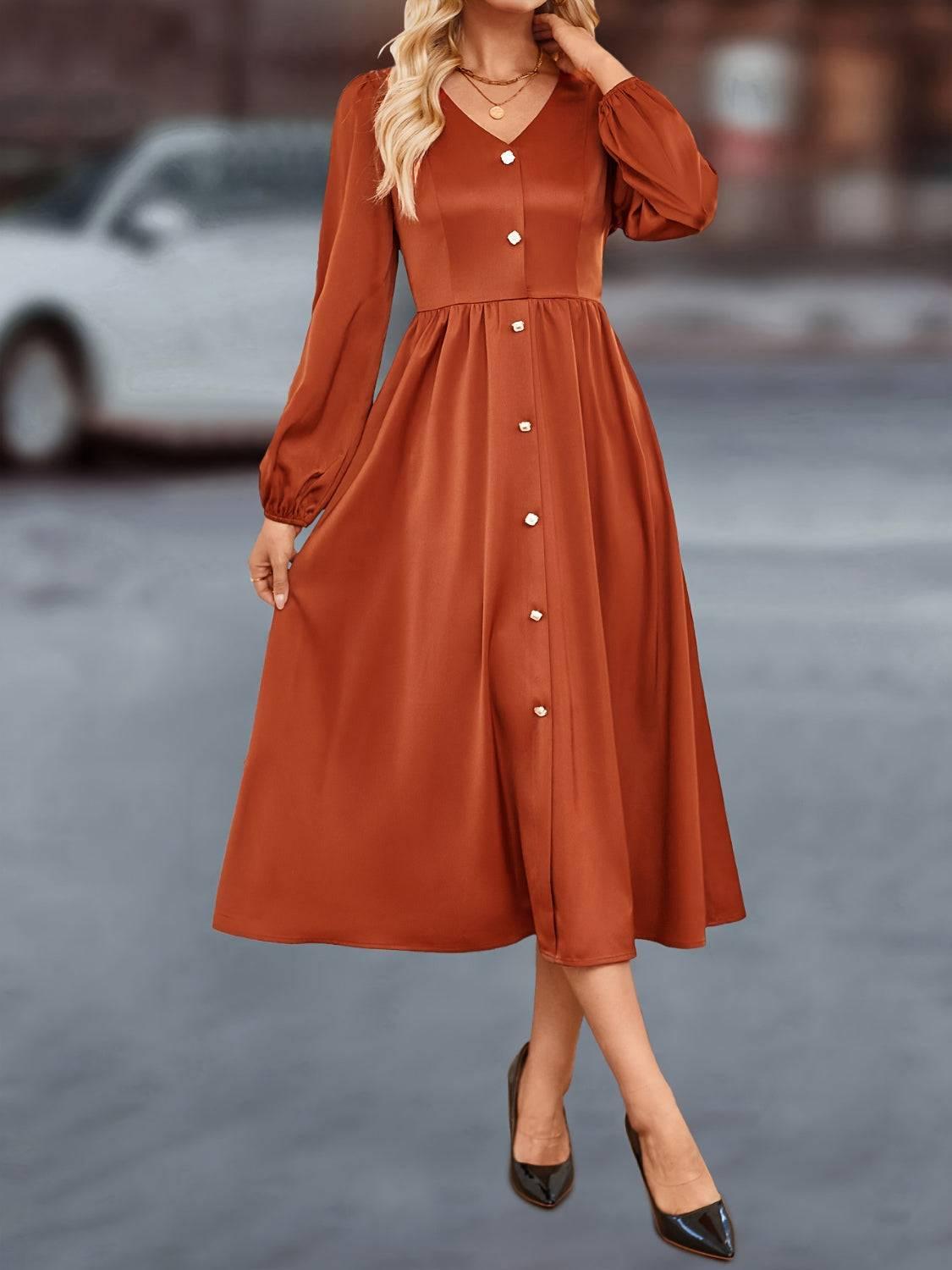 V-Neck Balloon Sleeve Midi Dress