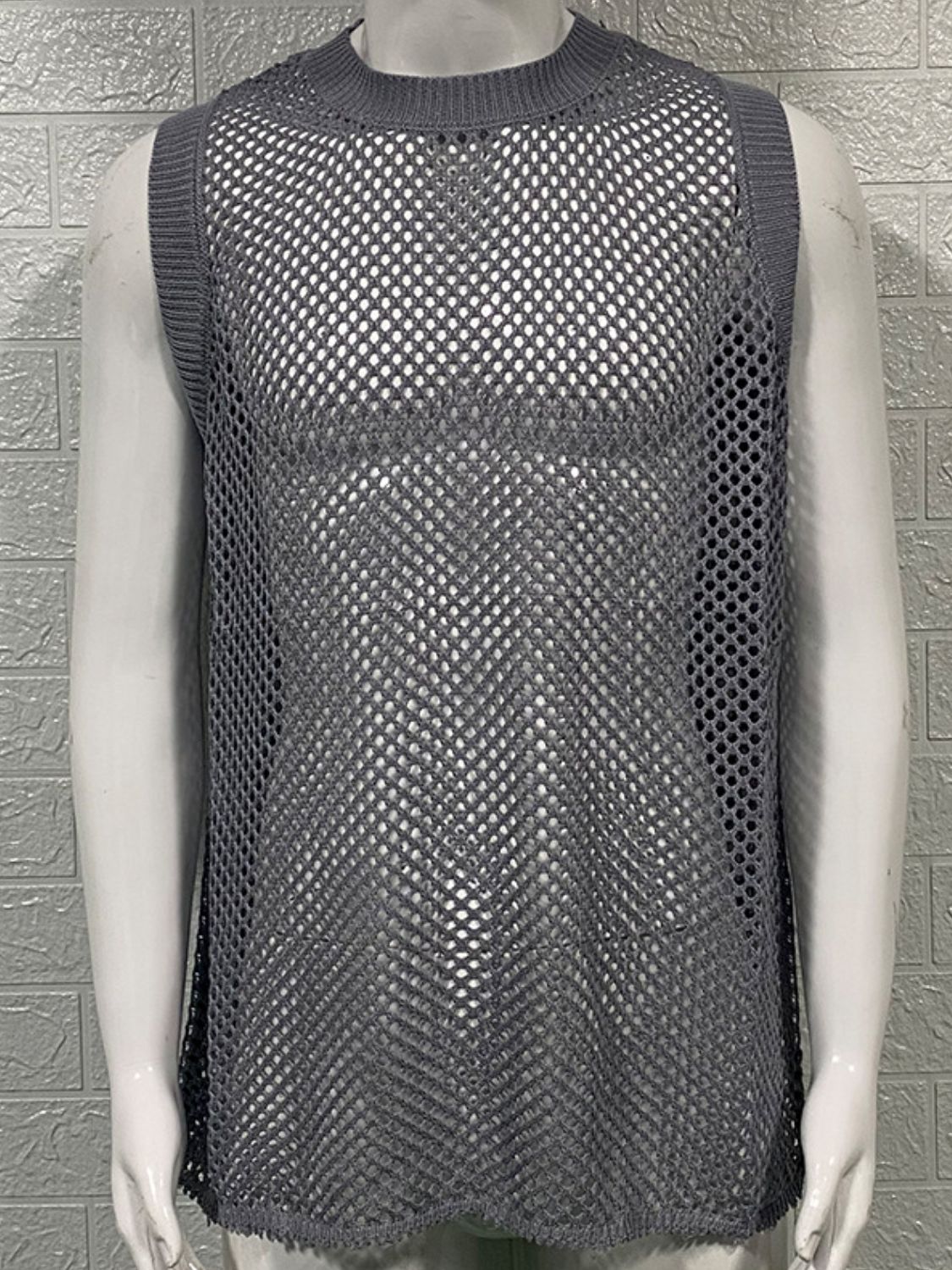 Men's Round Neck Hollow Out Sleeveless Knit Top - Clothes For Her Online Store