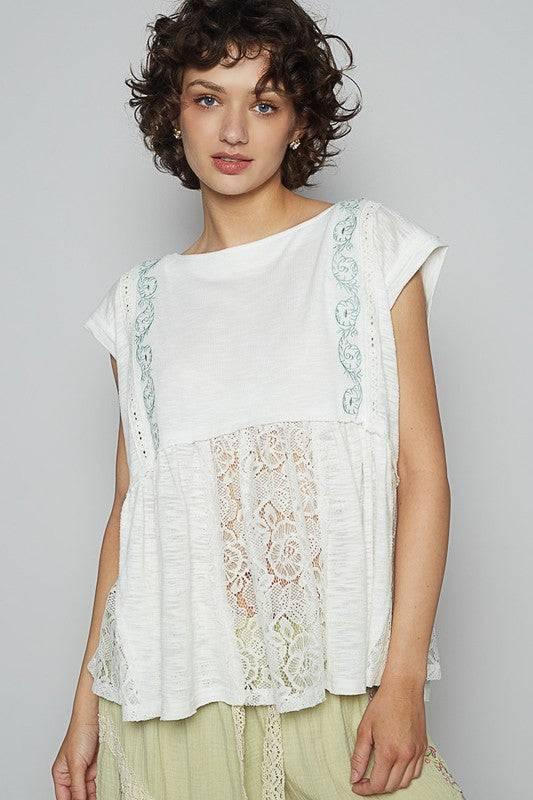 POL Embroidered Detail Boat Neck Cap Sleeve Lace Blouse