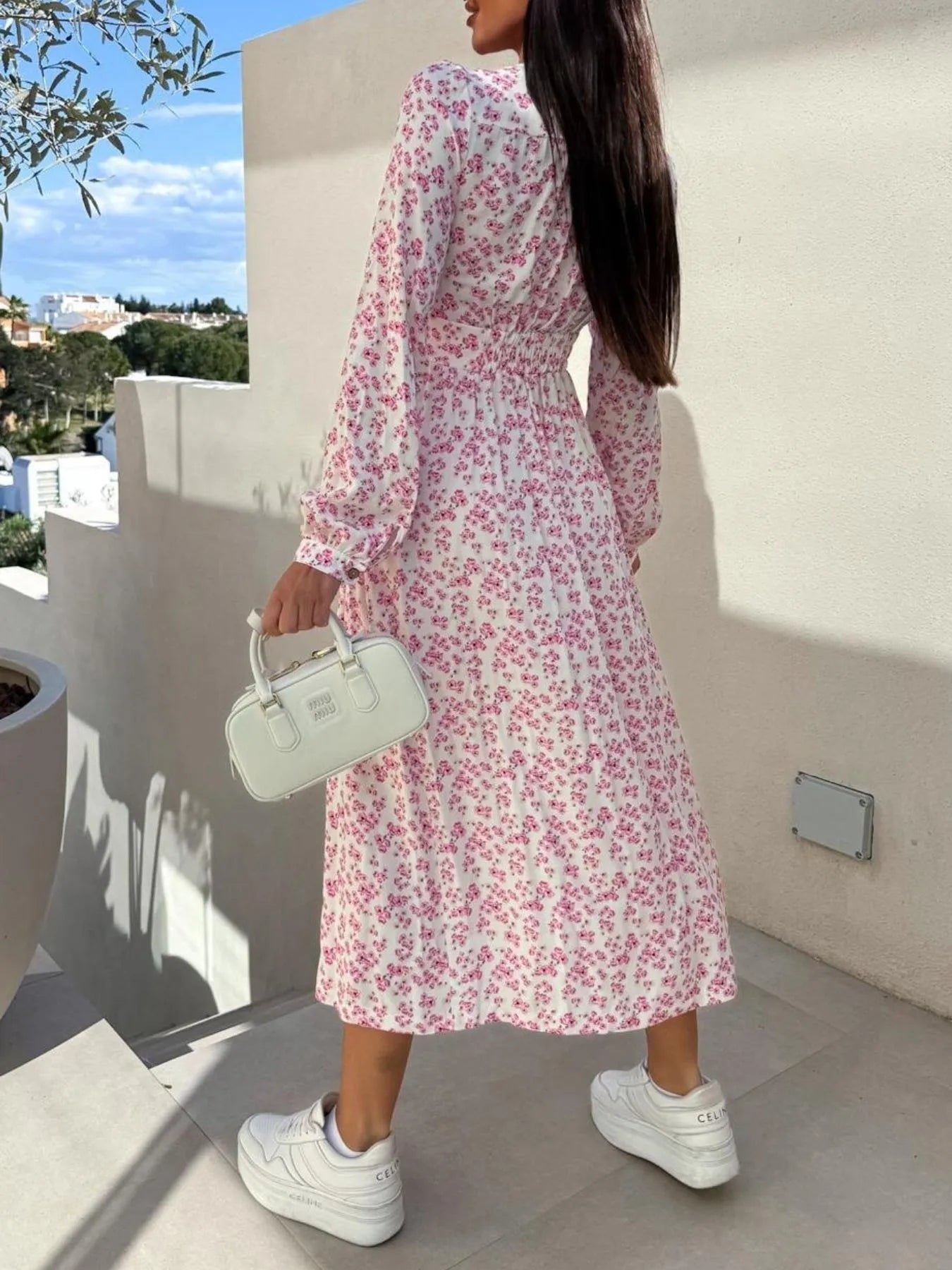 Floral Print Long Sleeve V-Neck Dress