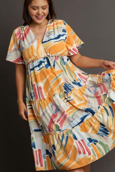 Umgee Full Size Abstract Print Flutter Sleeve Frill Tiered Midi Dress Plus Size