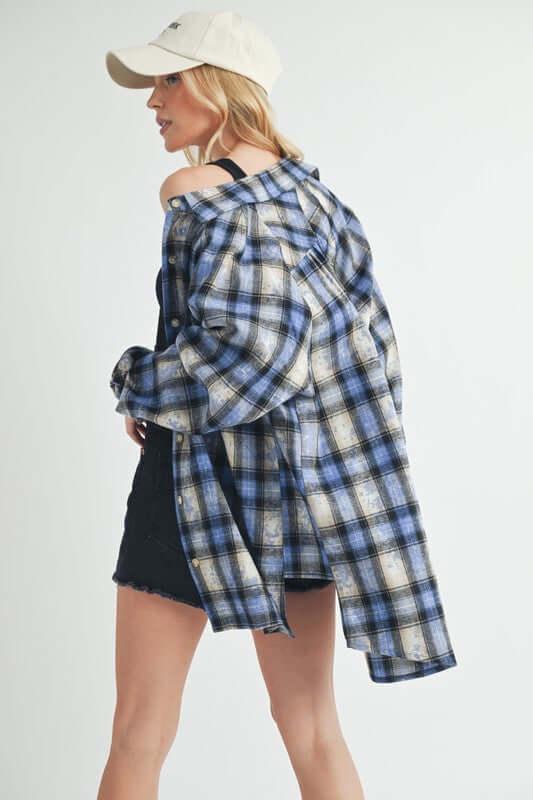 Aemi + Co Washed Plaid Button Up Raglan Sleeve Flannel Shirt