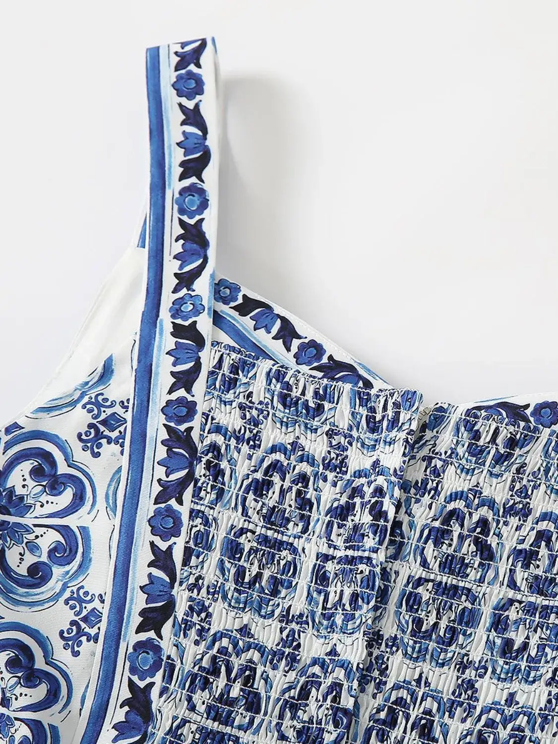 Smocked Printed Wide Strap Dress