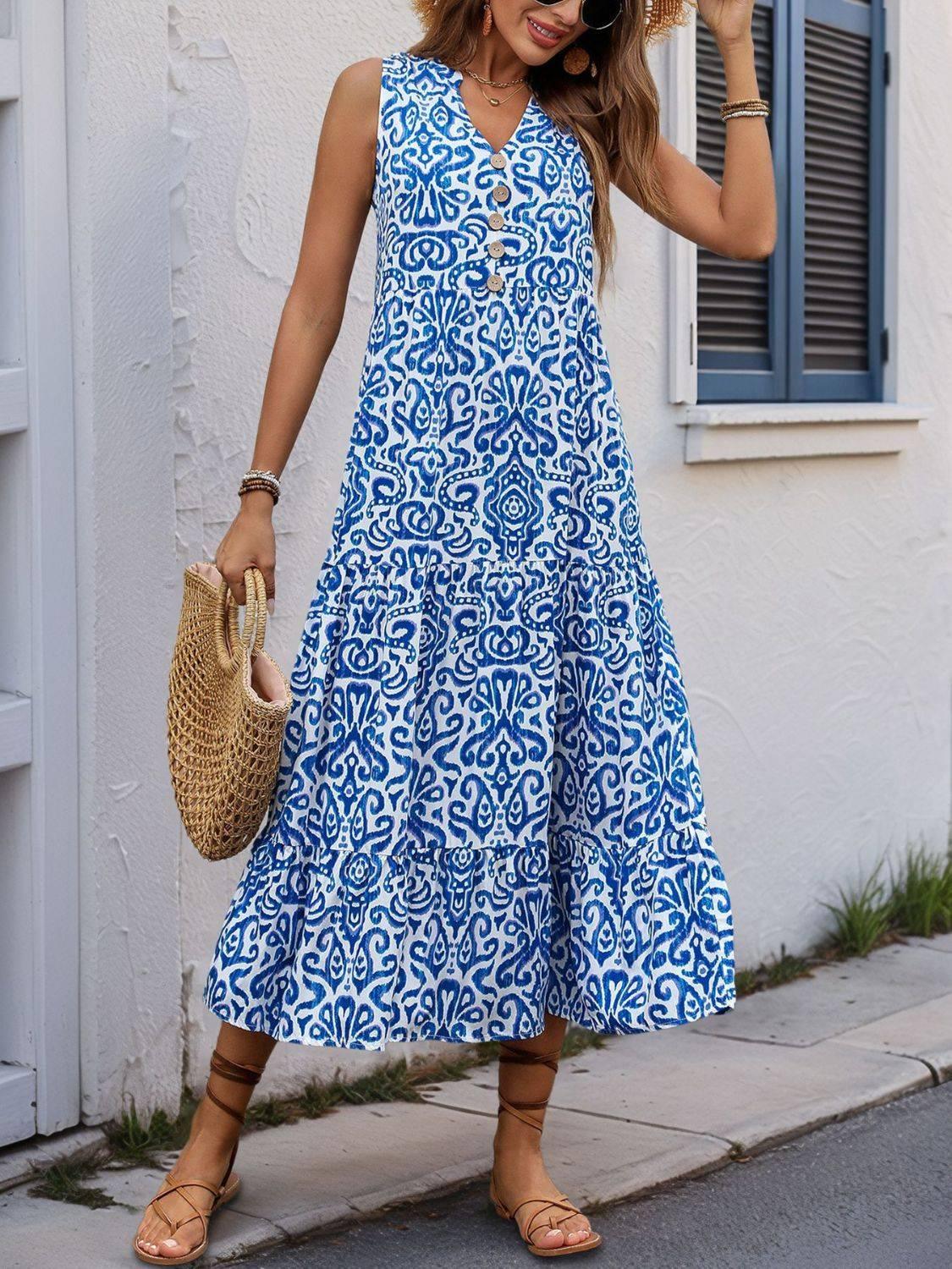 Perfee Decorative Button Printed Notched Sleeveless Midi Dress