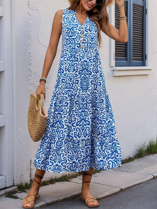 Perfee Decorative Button Printed Notched Sleeveless Midi Dress - Clothes For Her Online Store