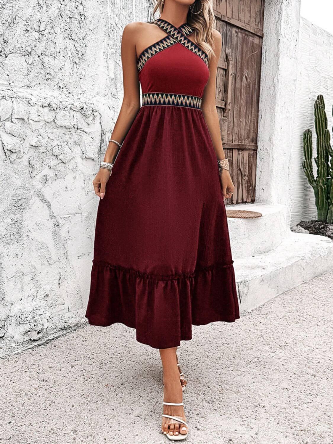 Devine Ruffled Slit Sleeveless Midi Dress