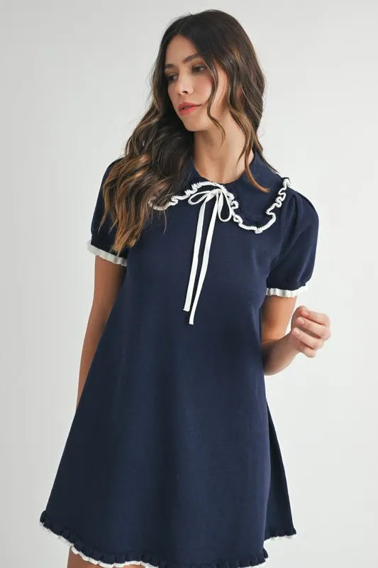 MABLE Ruffle Trimmed Collar Fine Knit Mini Dress