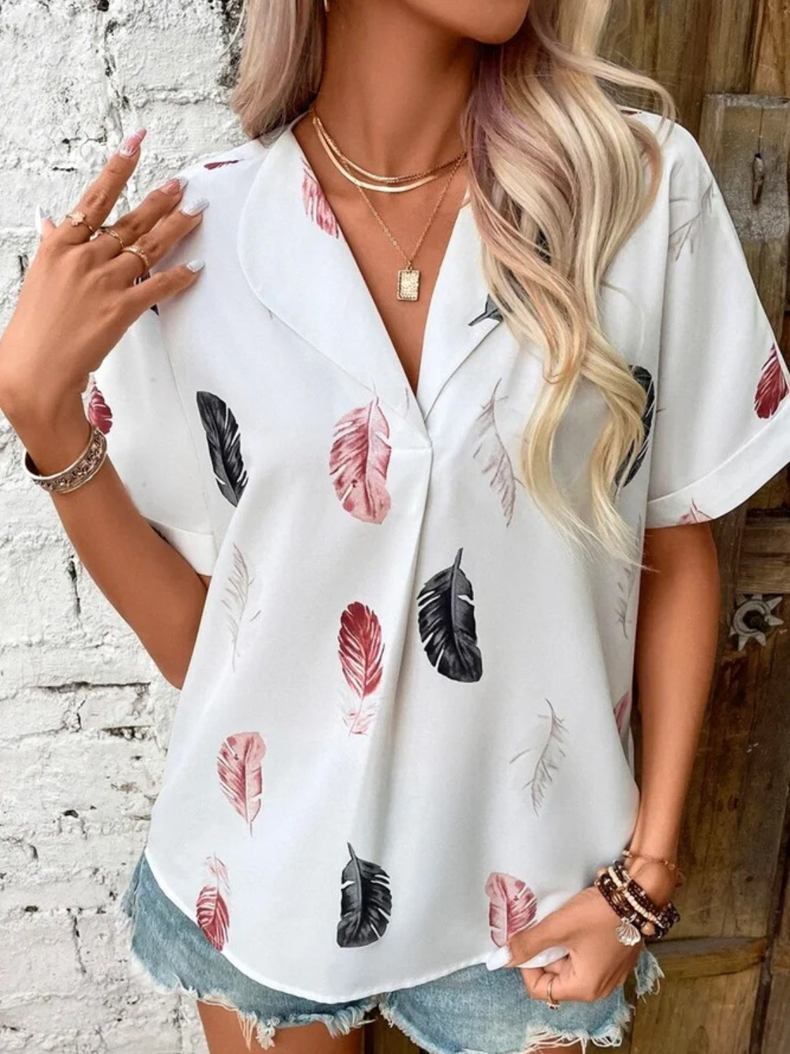 Full Size Printed Collared Neck Short Sleeve Blouse - Clothes For Her Online Store