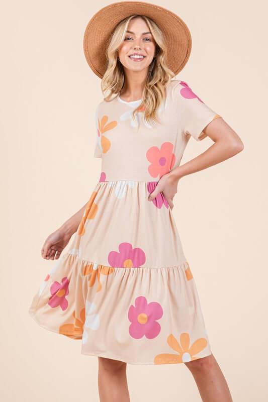 BOMBOM Floral Round Neck Short Sleeve Tiered Dress - Clothes For Her Online Store