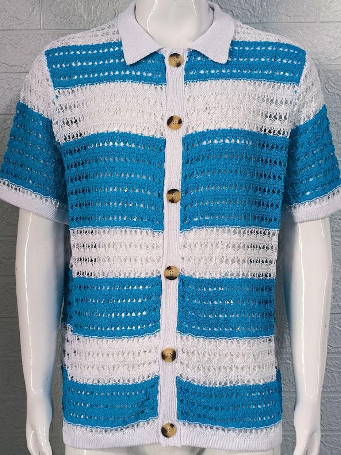 Men's Button Down Collared Neck Contrast Openwork Shirt - Clothes For Her Online Store