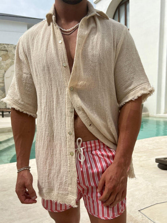 Men's Plus Size Raw Hem Button Down Collared Neck Shirt - Clothes For Her Online Store