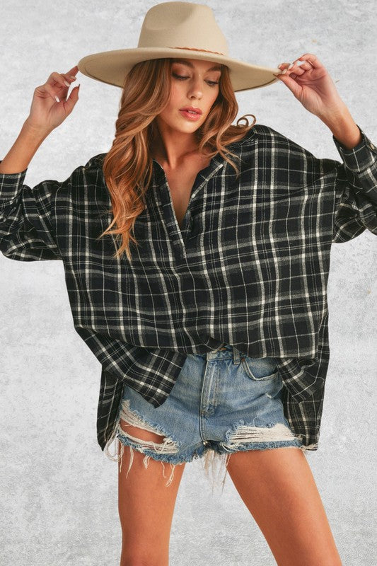 Aemi + Co Side Slit High-Low Plaid Long Sleeve Polo Shirt - Clothes For Her Online Store