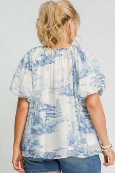 Umgee Full Size Two Tone Toile Print Top Plus Size