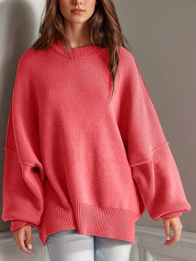 Double Take Side Slit Round Neck Long Sleeve Sweater