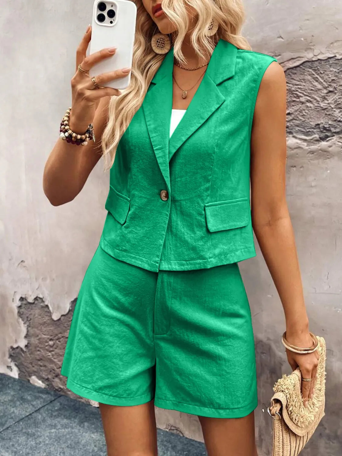 One Button Sleeveless Top and Shorts Set - Clothes For Her Online Store
