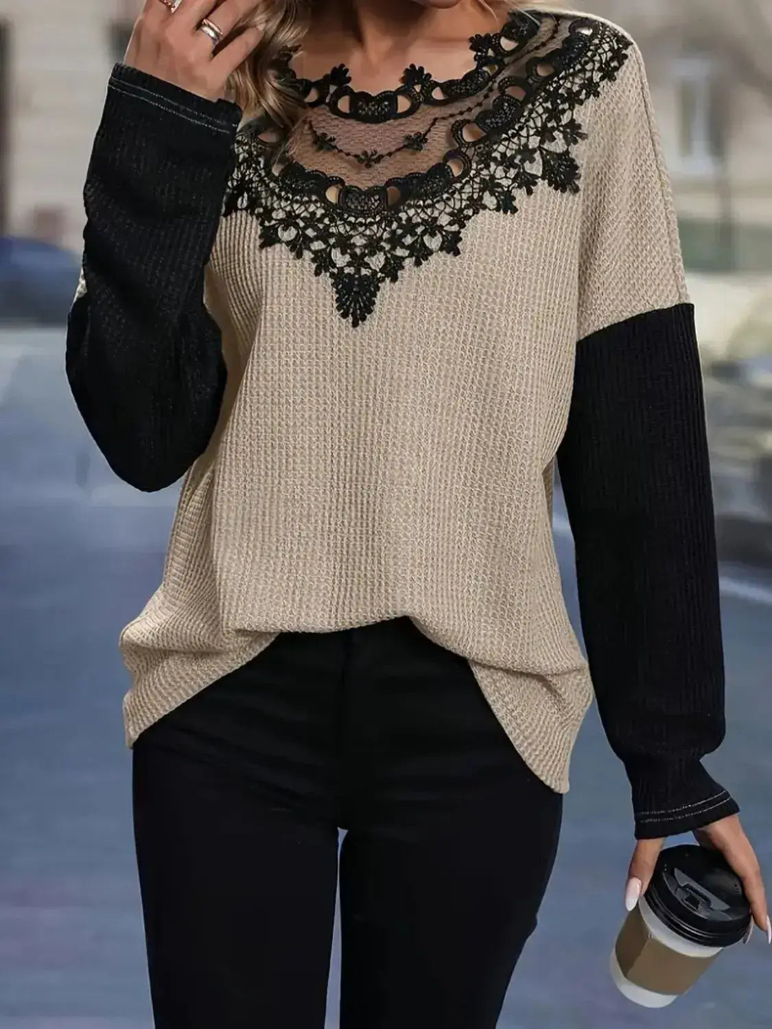 Contrast Lace Round Neck Long Sleeve T-Shirt - Clothes For Her Online Store