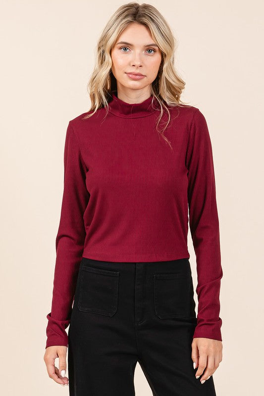 Mittoshop Mock Neck Rib Knit Long Sleeve Crop Top - Clothes For Her Online Store