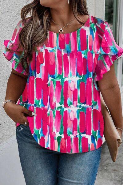 Plus Size Printed Round Neck Petal Sleeve Blouse - Clothes For Her Online Store