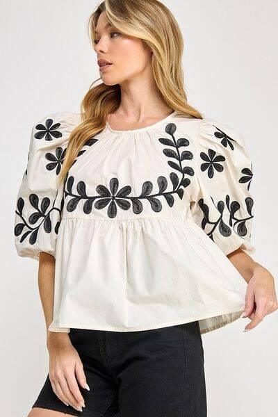 SAGE+FIG Puff-Sleeve Embroidered Peplum Blouse