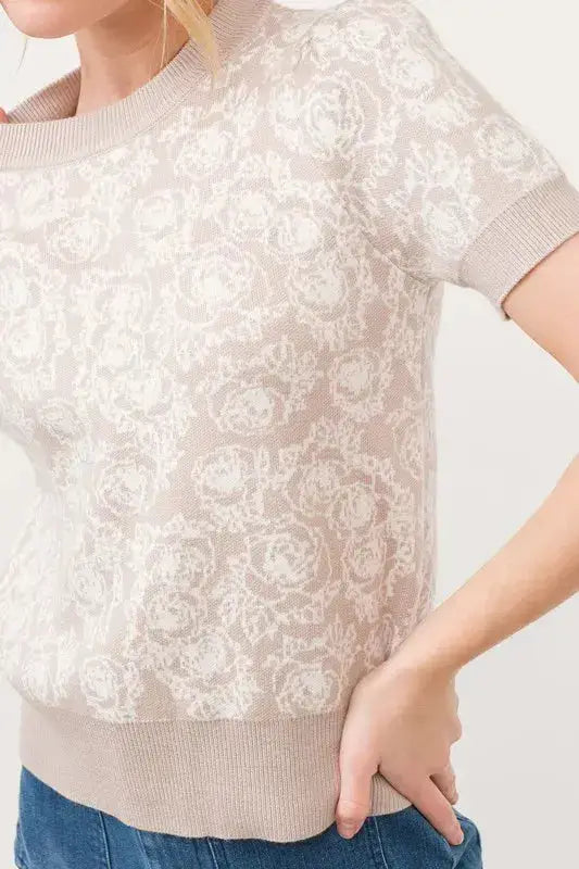 And The Why Short Sleeve Rose Pattern Knit Top - Clothes For Her Online Store