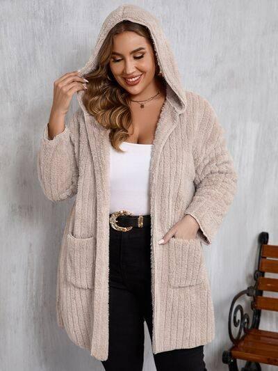 Plus Size Open Front Long Sleeve Hooded Fuzzy Jacket - Clothes For Her Online Store