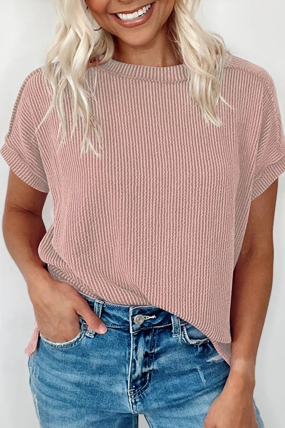 Casual Ribbed Short Sleeve Round Neck T-Shirt