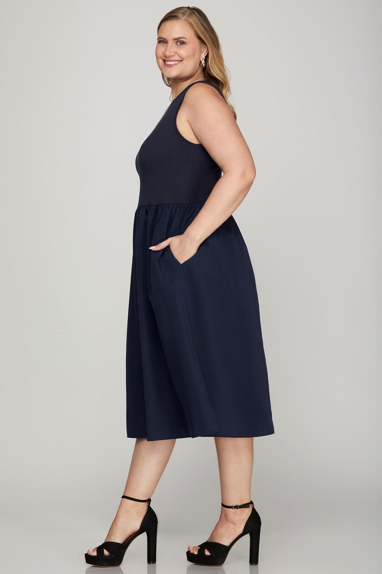 She + Sky Full Size Sleeveless Poplin Woven Midi Dress with Pockets Plus Size - Clothes For Her Online Store