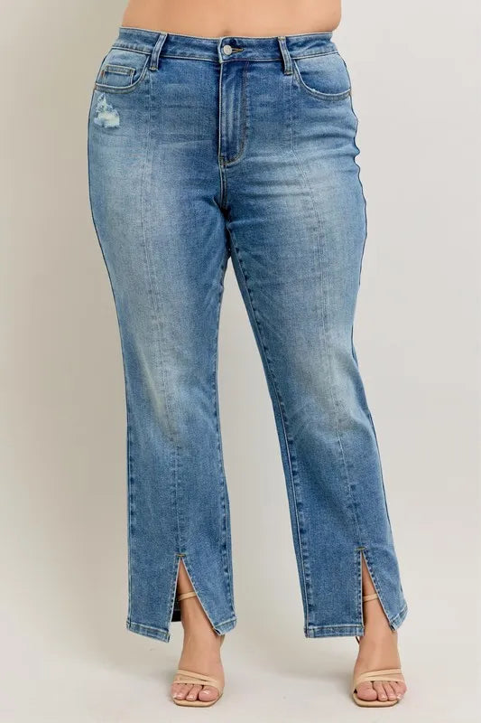 Judy Blue Full Size High Waist Vintage Wash Front Seam & Slit Straight Plus Size