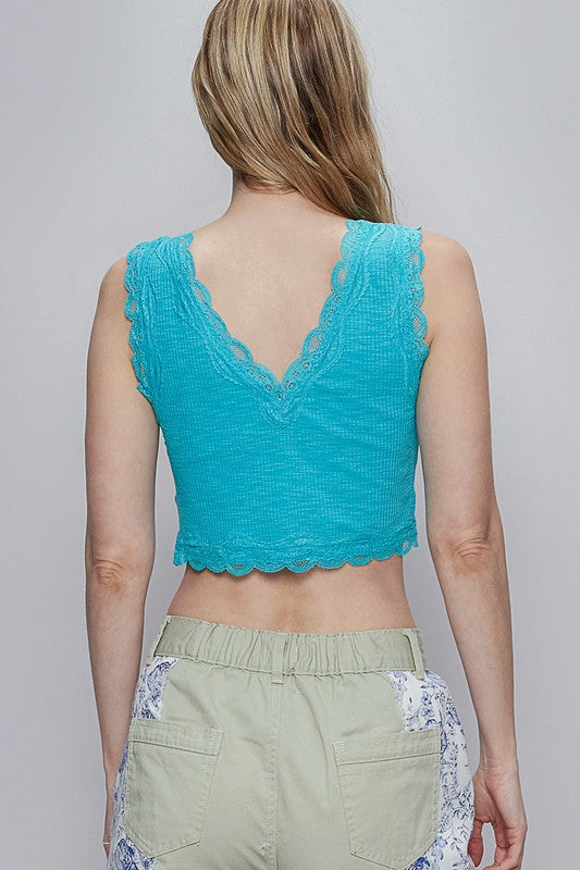 POL Lace Trim V-Neck Cropped Tank