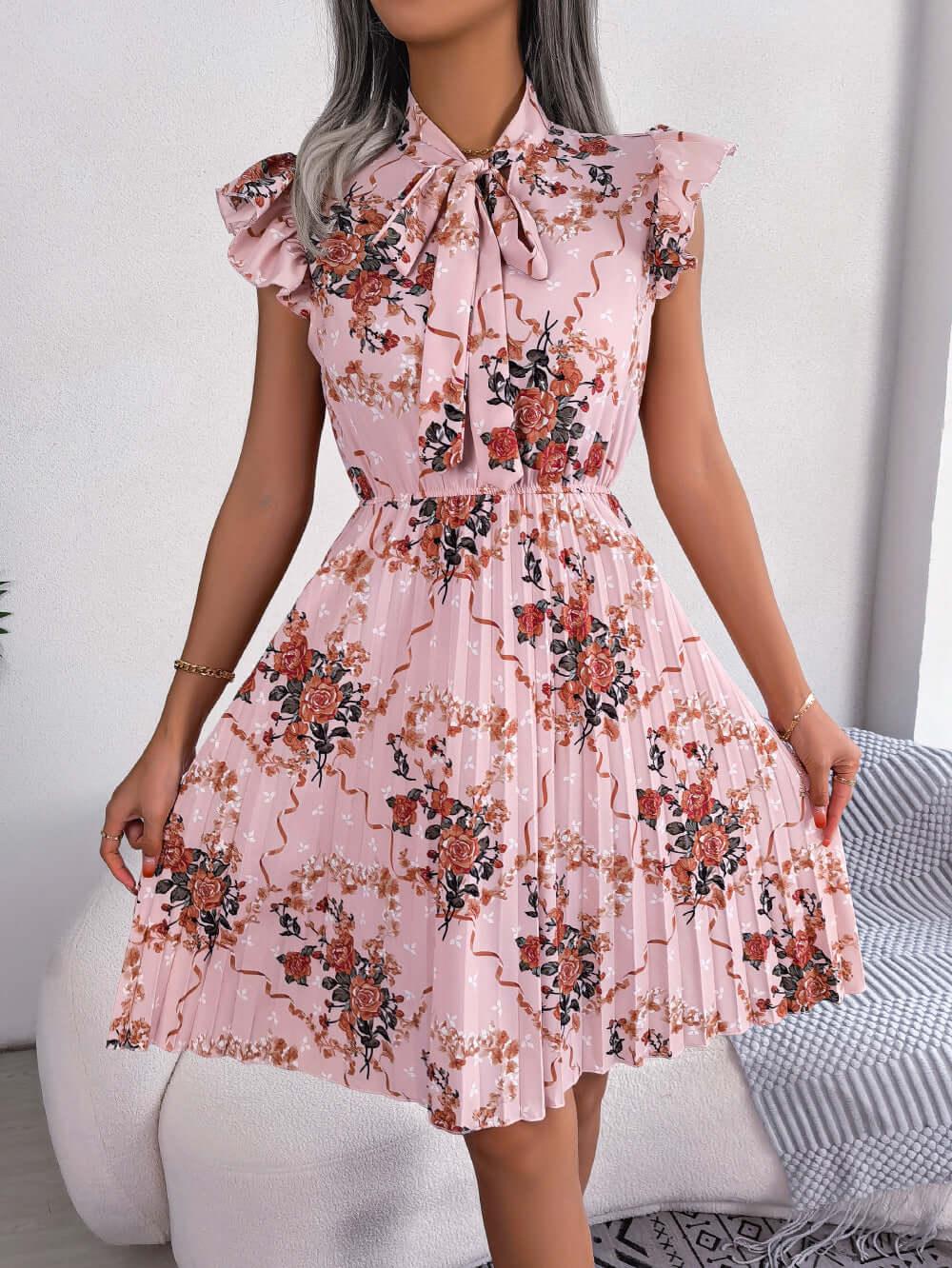 Pleated Floral Printed Tie Neck Knee Length Dress - Clothes For Her Online Store