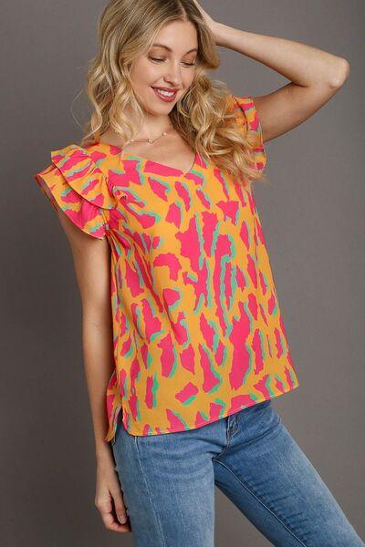 Umgee Full Size Abstract Print V-Neck Double Layer Ruffle Sleeve Blouse Plus Size