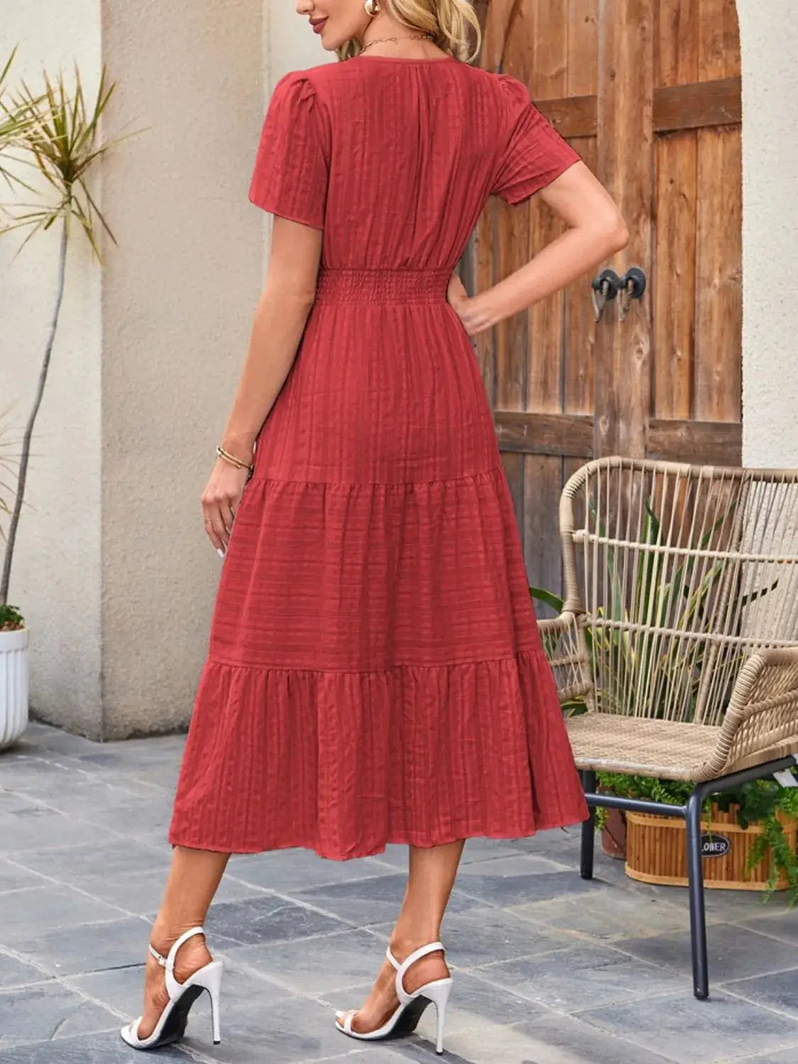 Tiered Notched Short Sleeve Dress - Clothes For Her Online Store