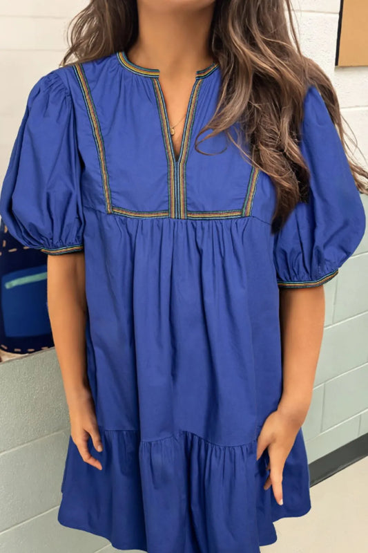 Notched Puff Sleeve Mini Dress