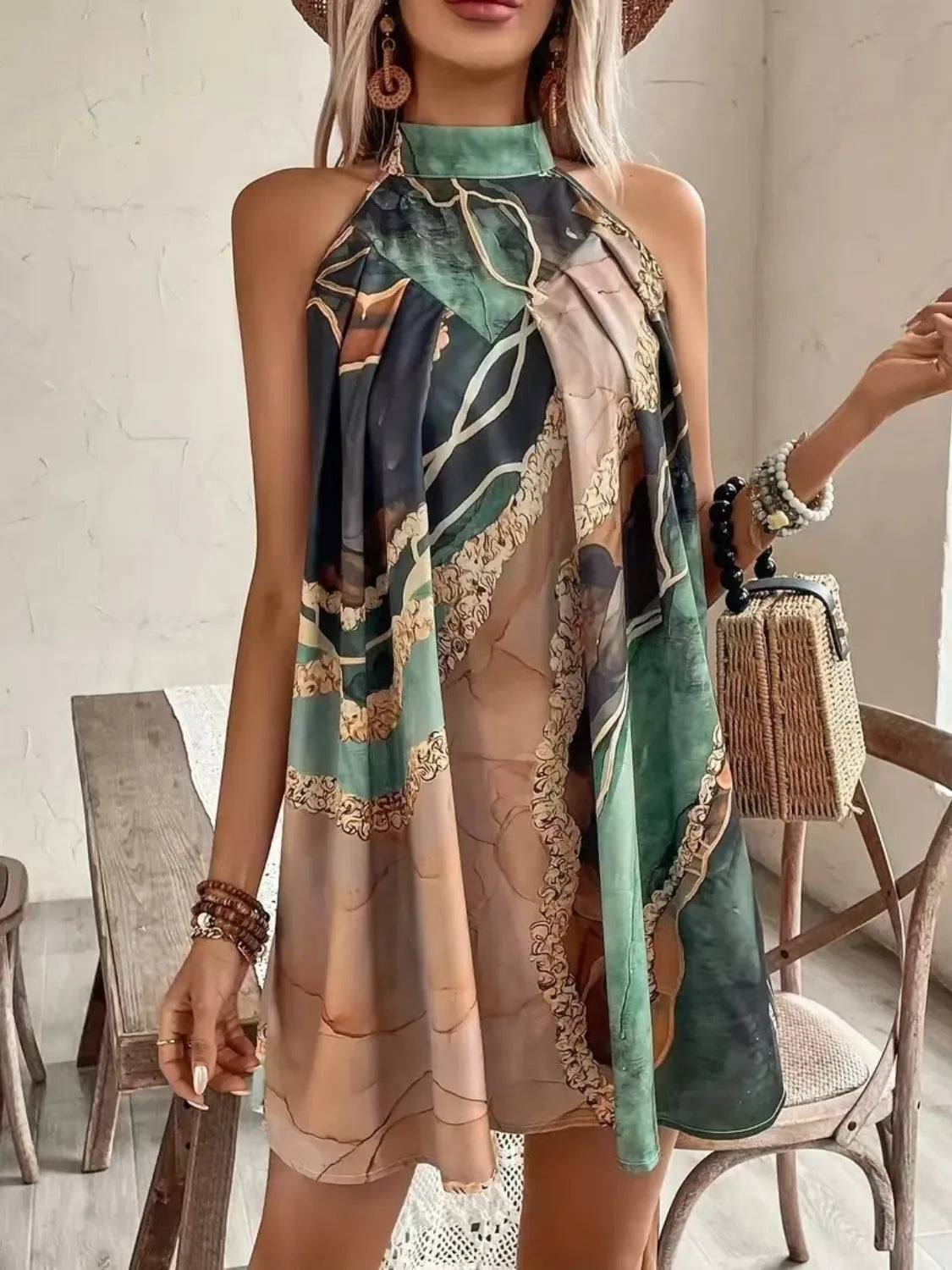 Tied Back Printed Sleeveless Dress