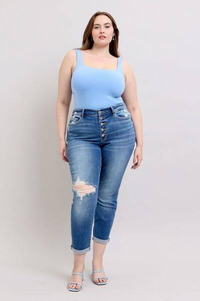 Judy Blue Full Size Button Fly Distressed Jeans with Pockets Plus Size